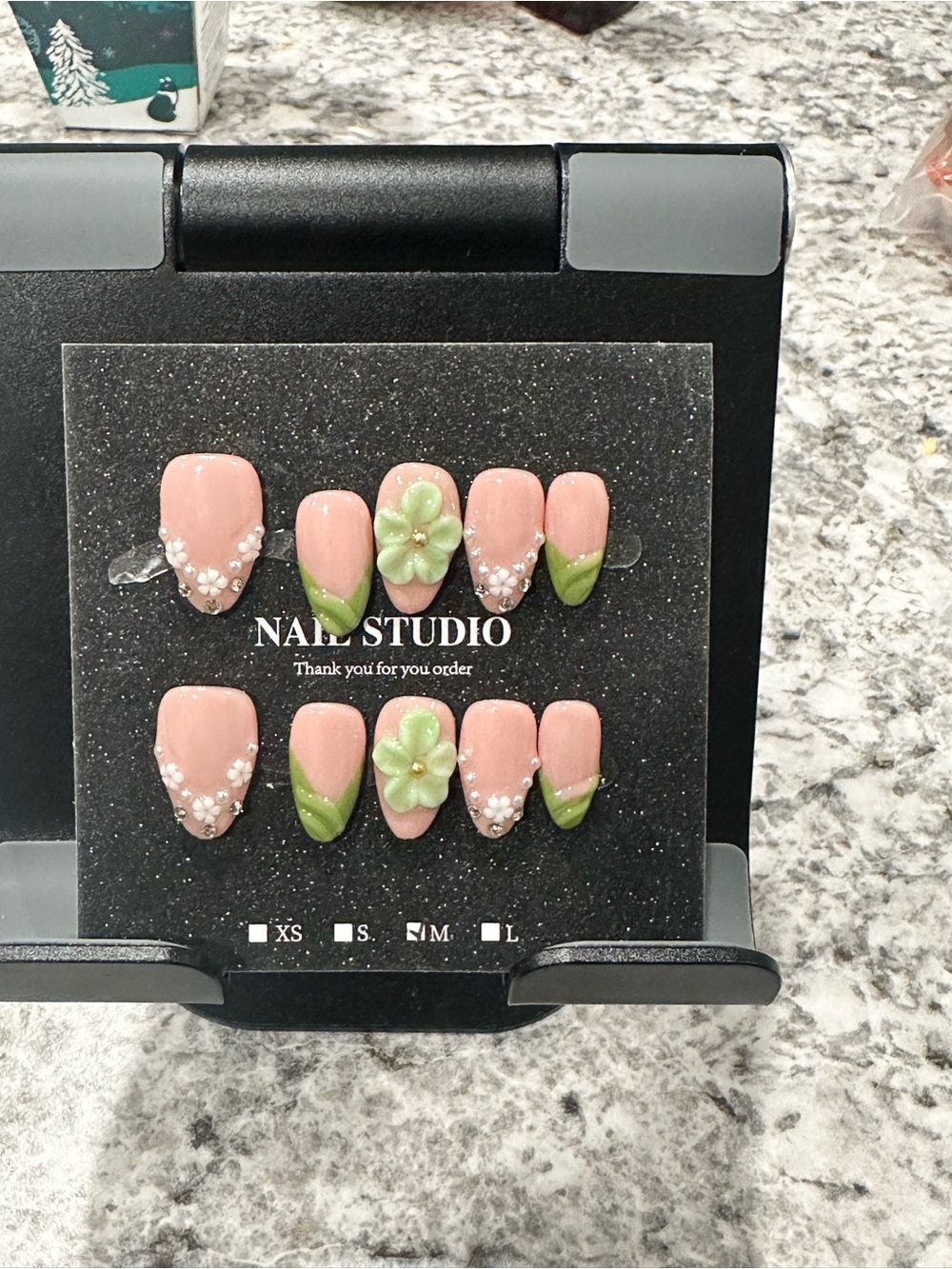 Pink Green Floral Press-On Nails